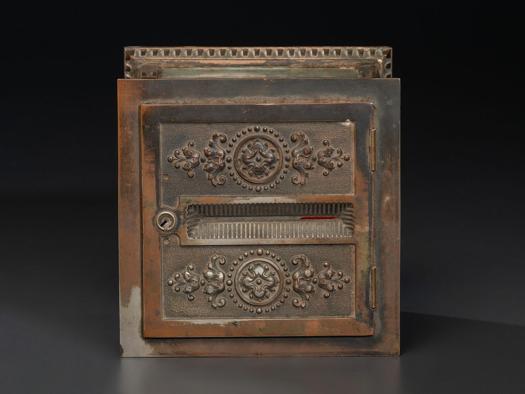 A National Cash Register Embossed Brass and Glass Ticket Receipt Box