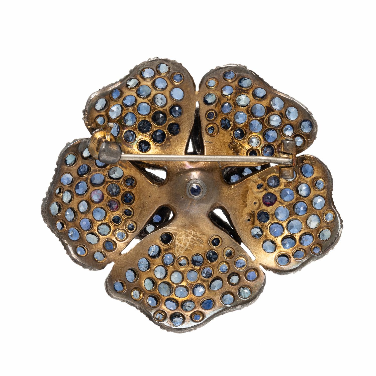 Sapphire and Silver-Topped Low Karat Gold Flower Brooch