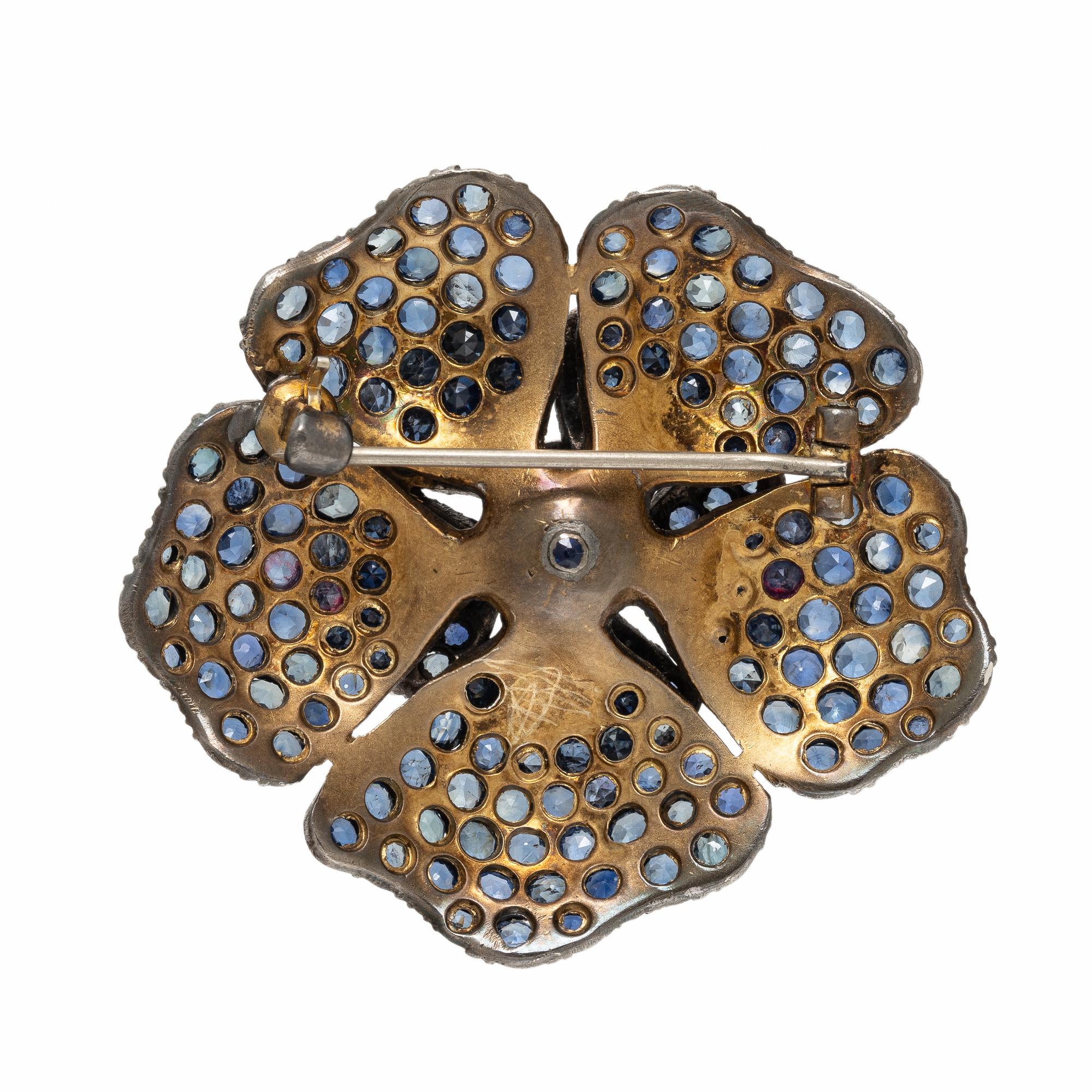 Sapphire and Silver-Topped Low Karat Gold Flower Brooch