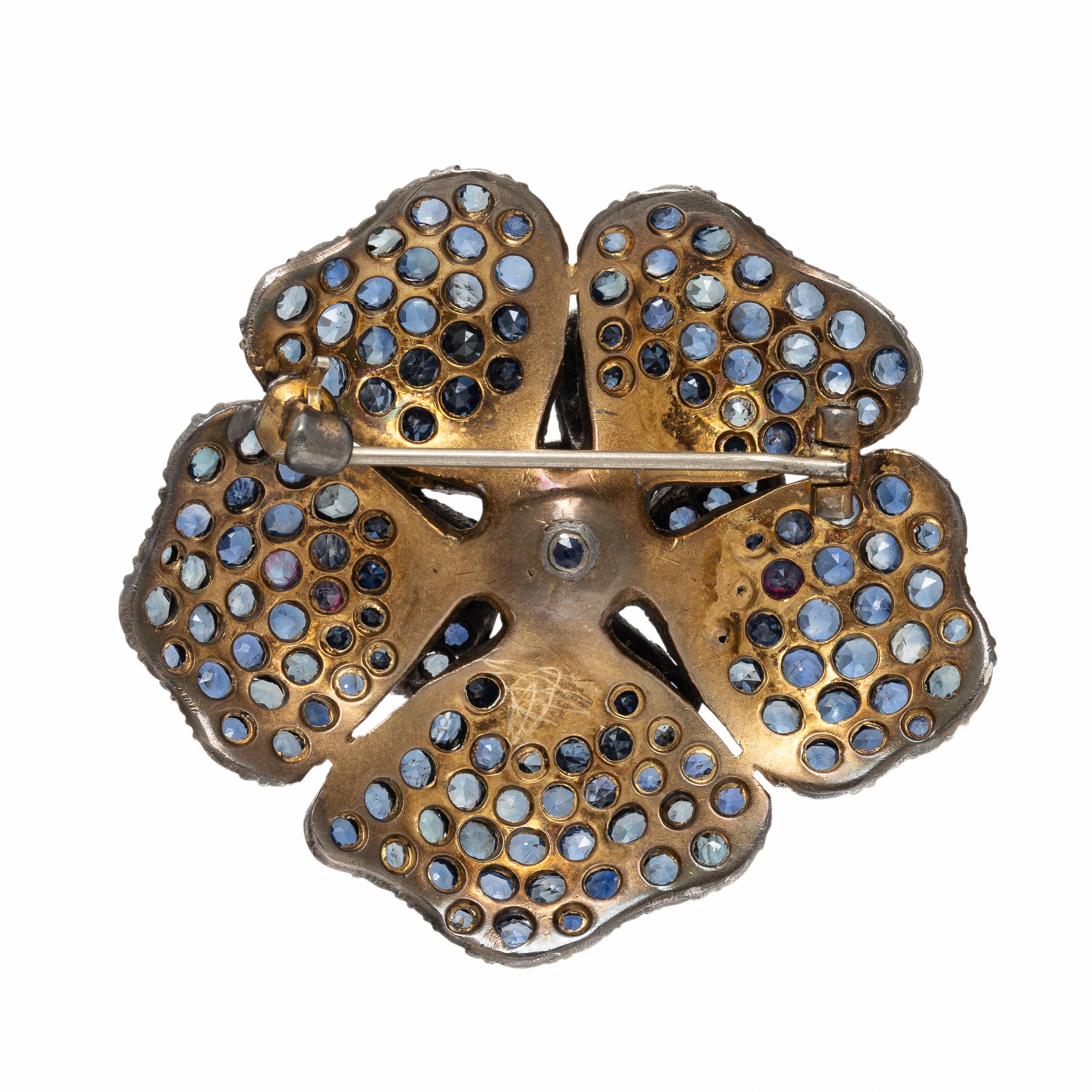 Sapphire and Silver-Topped Low Karat Gold Flower Brooch