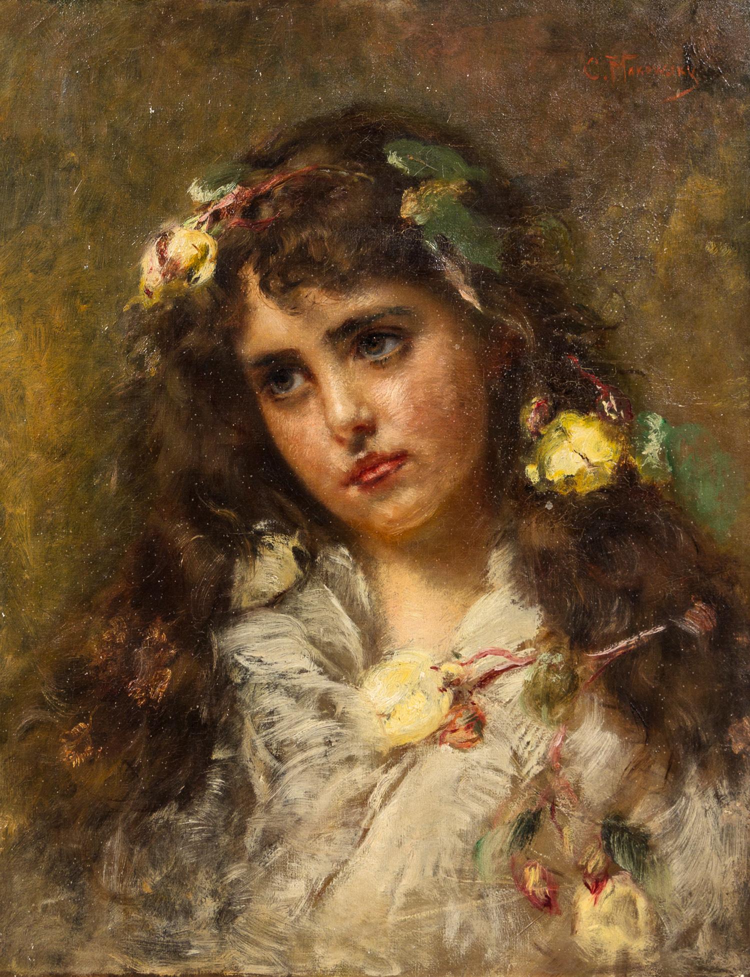 Constantine Makowsky, (Russian Federation, 1839-1915), Portrait of Young Girl with Blossoms