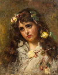 Constantine Makowsky, (Russian Federation, 1839-1915), Portrait of Young Girl with Blossoms