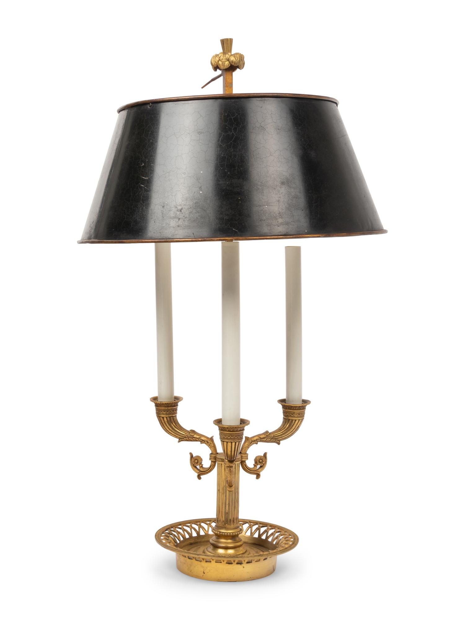 An Empire Style Gilt Bronze Bouillotte Three-Light Lamp