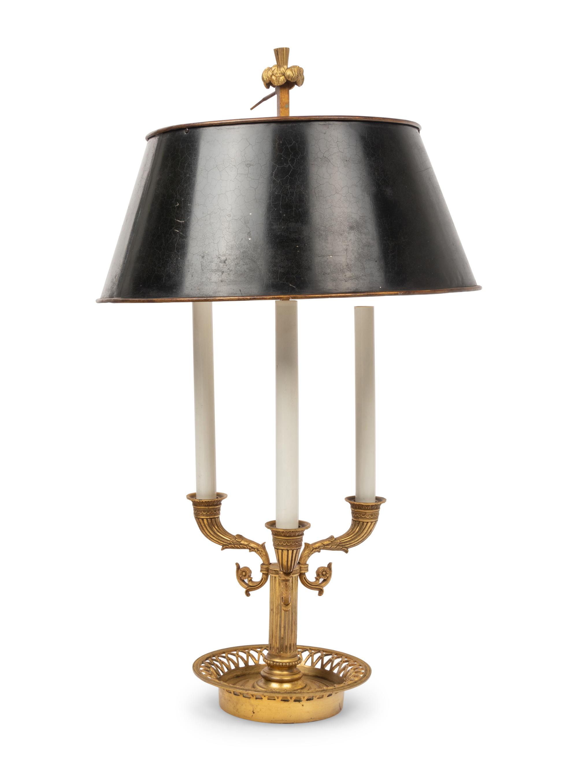 An Empire Style Gilt Bronze Bouillotte Three-Light Lamp