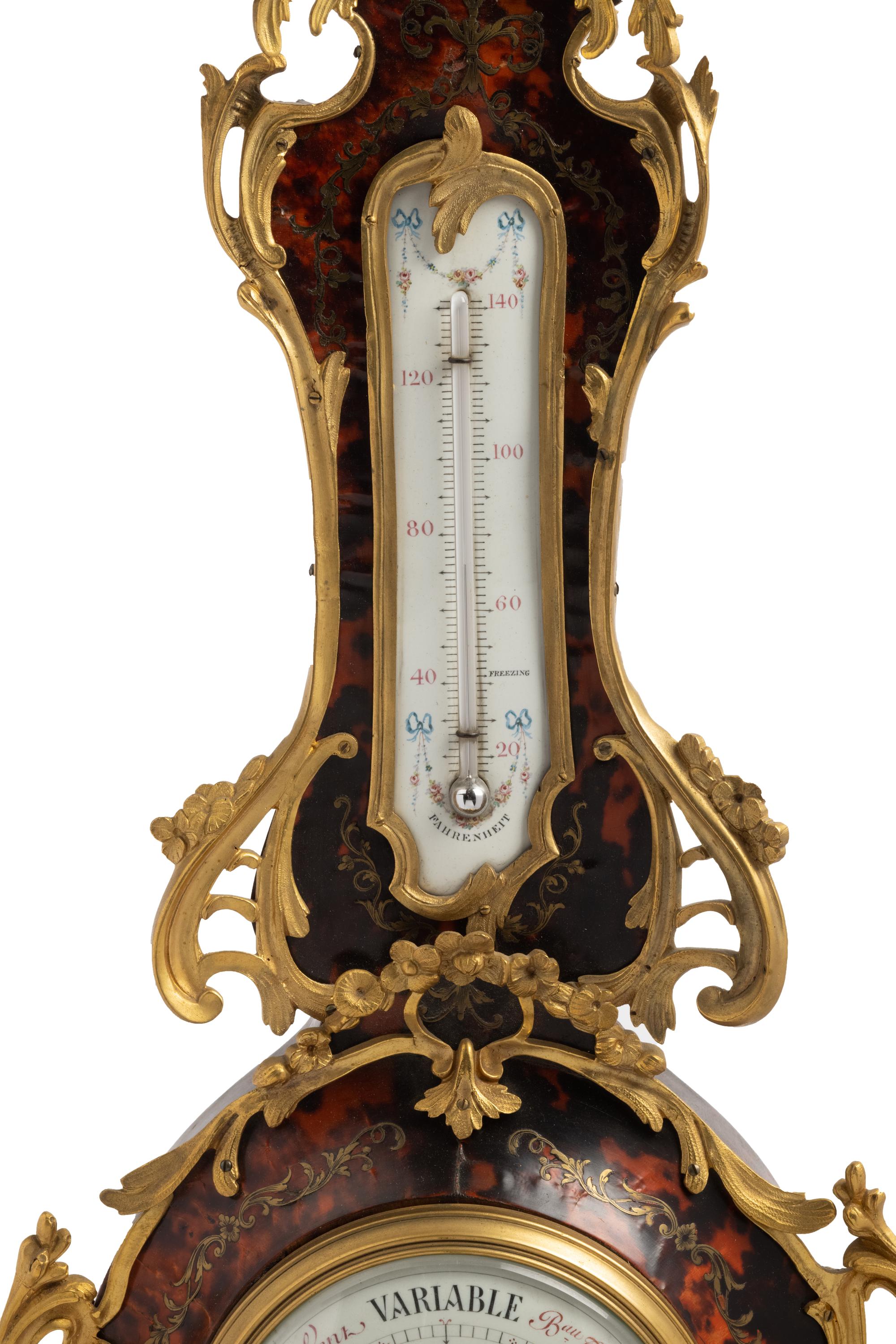 A Louis XV Style Gilt Bronze Mounted Boulle Marquetry Barometer and Thermometer