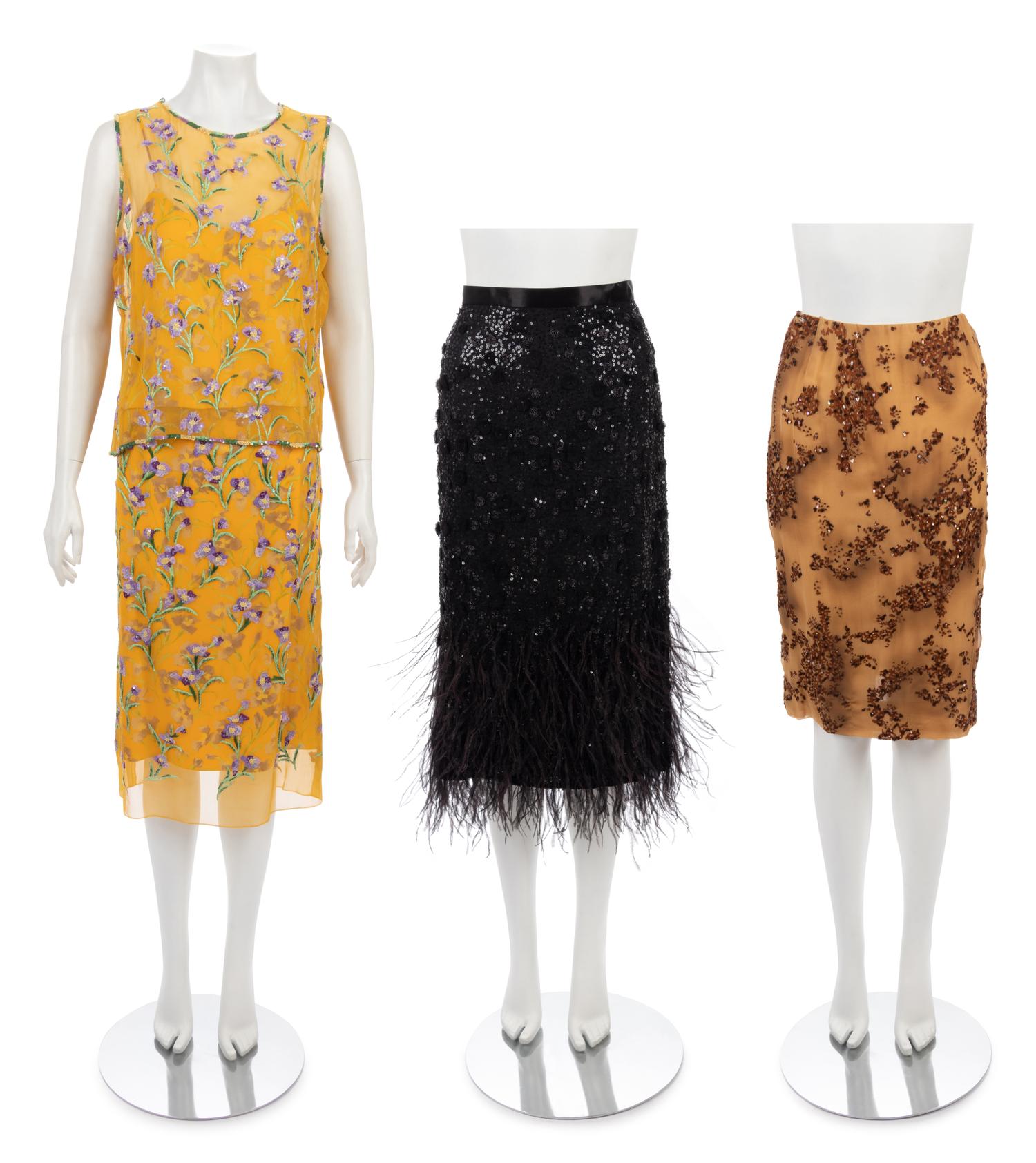 Five Bill Blass Pieces: One Three-Piece Ensemble, Two Embellished Skirts