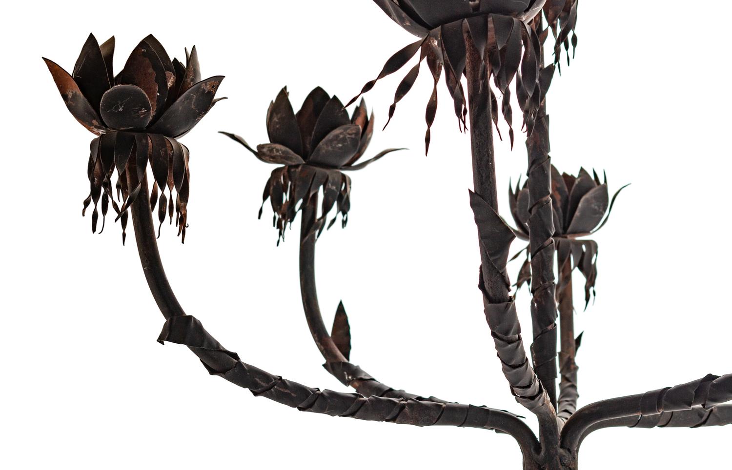 A Pair of Spanish Baroque Style Wrought-Iron and Tole Floor Standing Torcheres