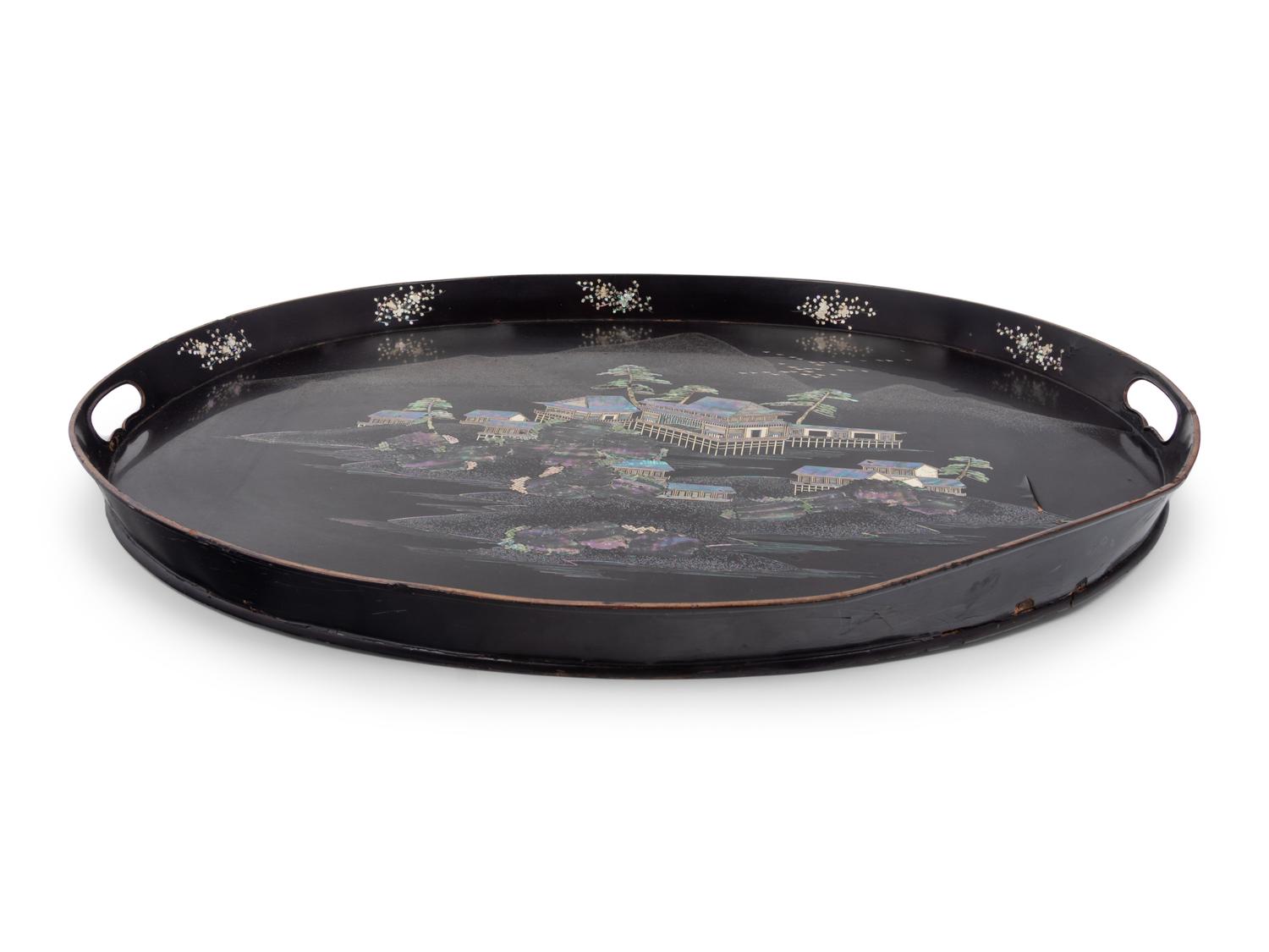A Chinese Painted and Mother-of-Pearl Inset Tray