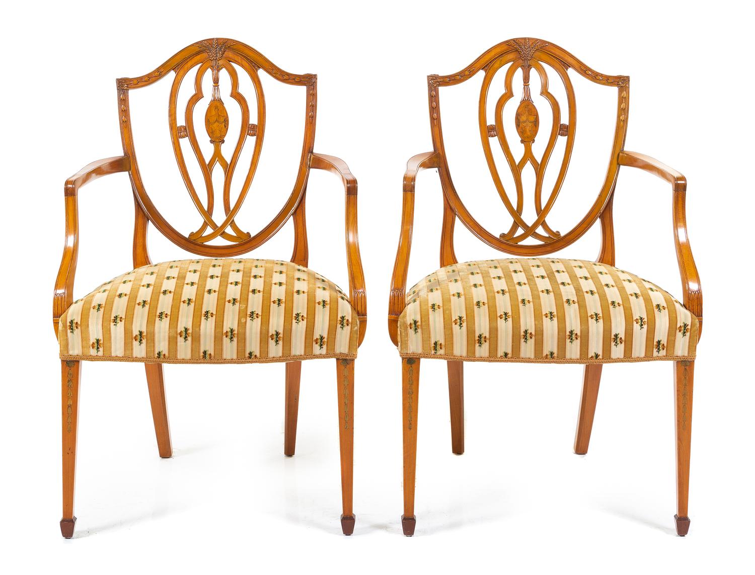 A Pair of George III Mahogany and Marquetry Armchairs Height 37 inches. — LATE 18TH CENTURY