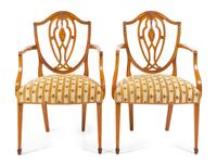 A Pair of George III Mahogany and Marquetry Armchairs Height 37 inches. — LATE 18TH CENTURY