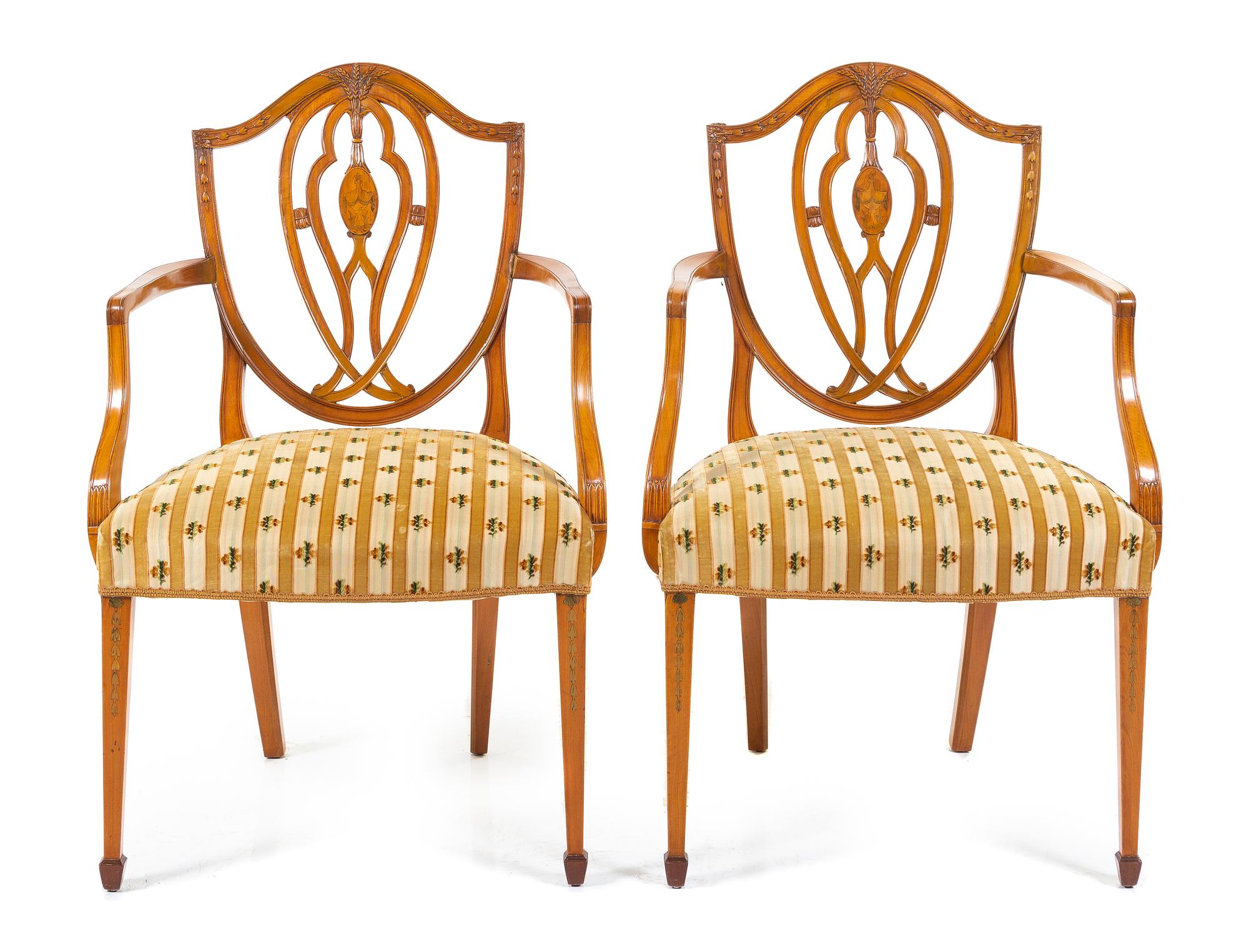 A Pair of George III Mahogany and Marquetry Armchairs Height 37 inches. — LATE 18TH CENTURY