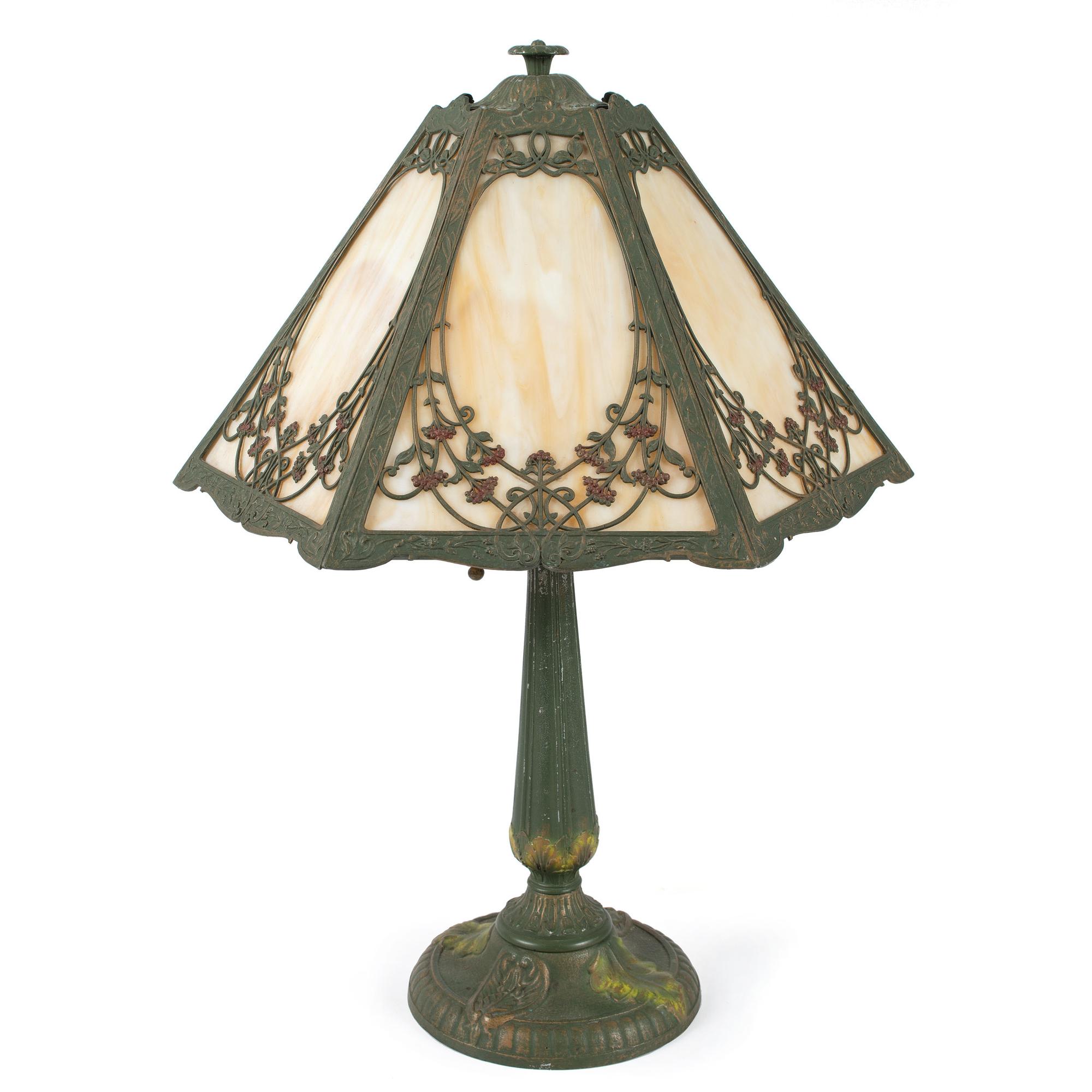 A Rainaud Cast and Painted Metal and Slag Glass Table Lamp