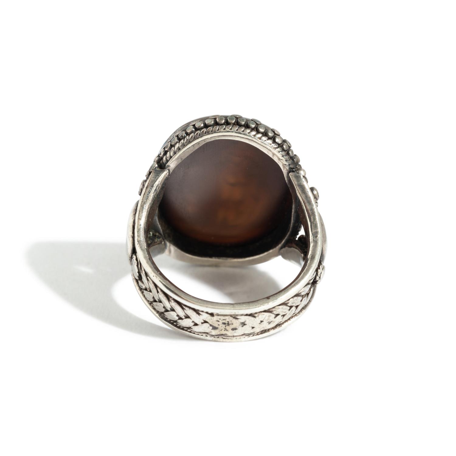 A Roman Nicolo Ring Stone with the Gods Aphrodite Areia and Eros — Set in a silver ring