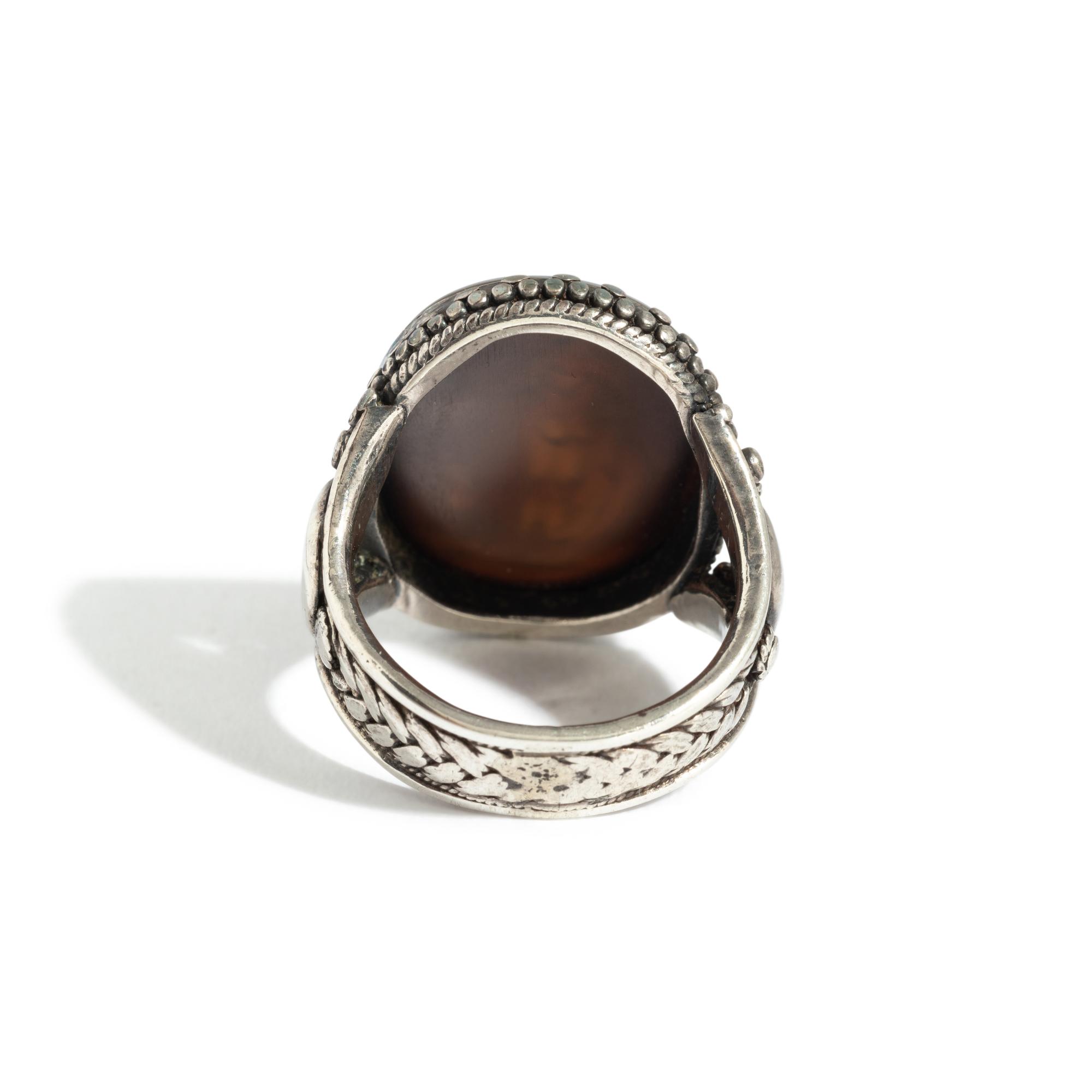 A Roman Nicolo Ring Stone with the Gods Aphrodite Areia and Eros — Set in a silver ring