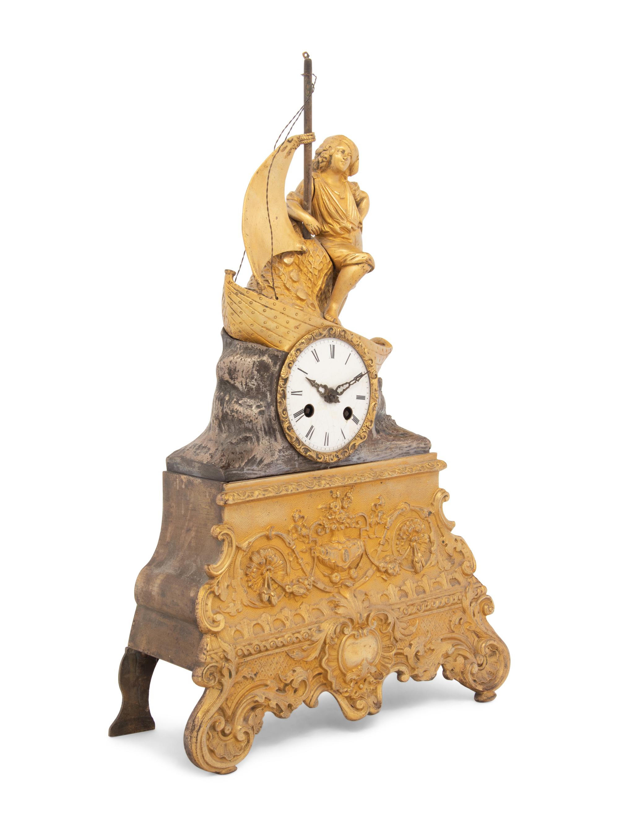 A Louis Philippe Parcel Gilt and Silvered Bronze Figural Mantel Clock