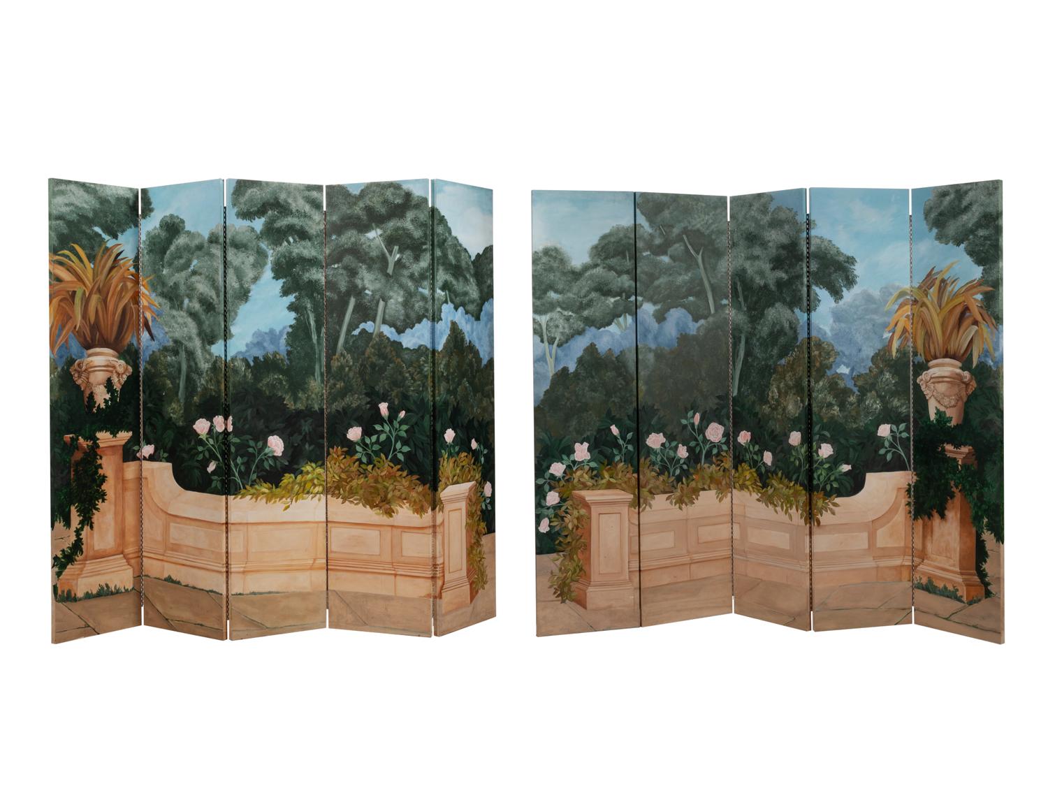 A Continental Painted Canvas Ten-Panel Floor Screen