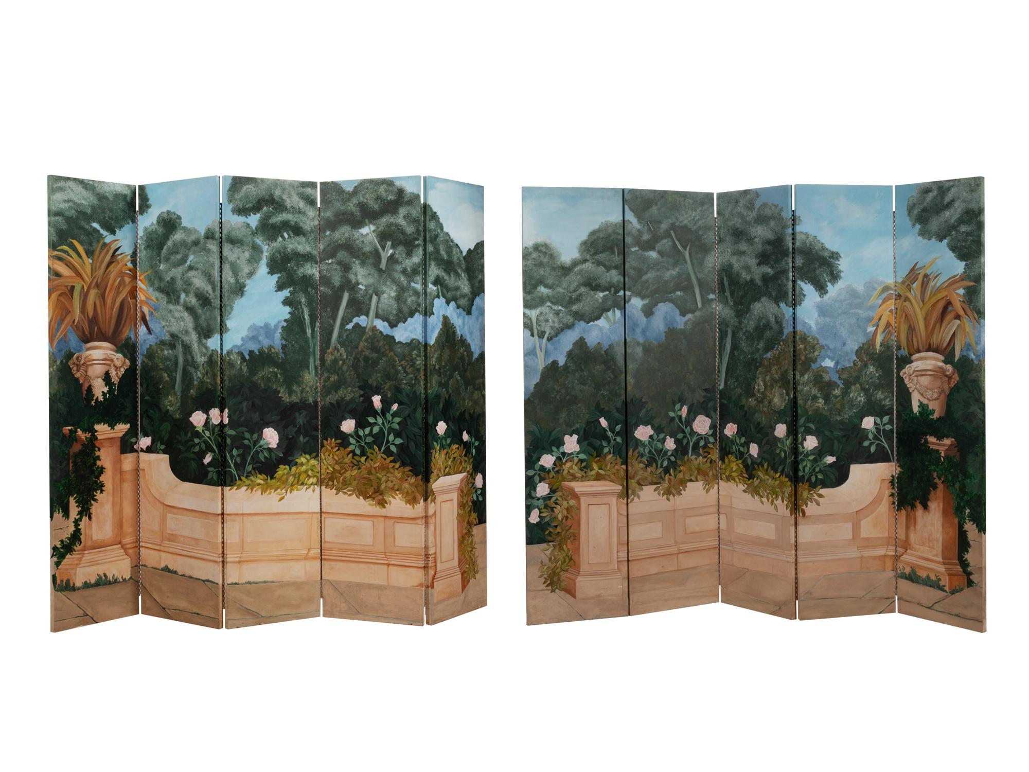 A Continental Painted Canvas Ten-Panel Floor Screen
