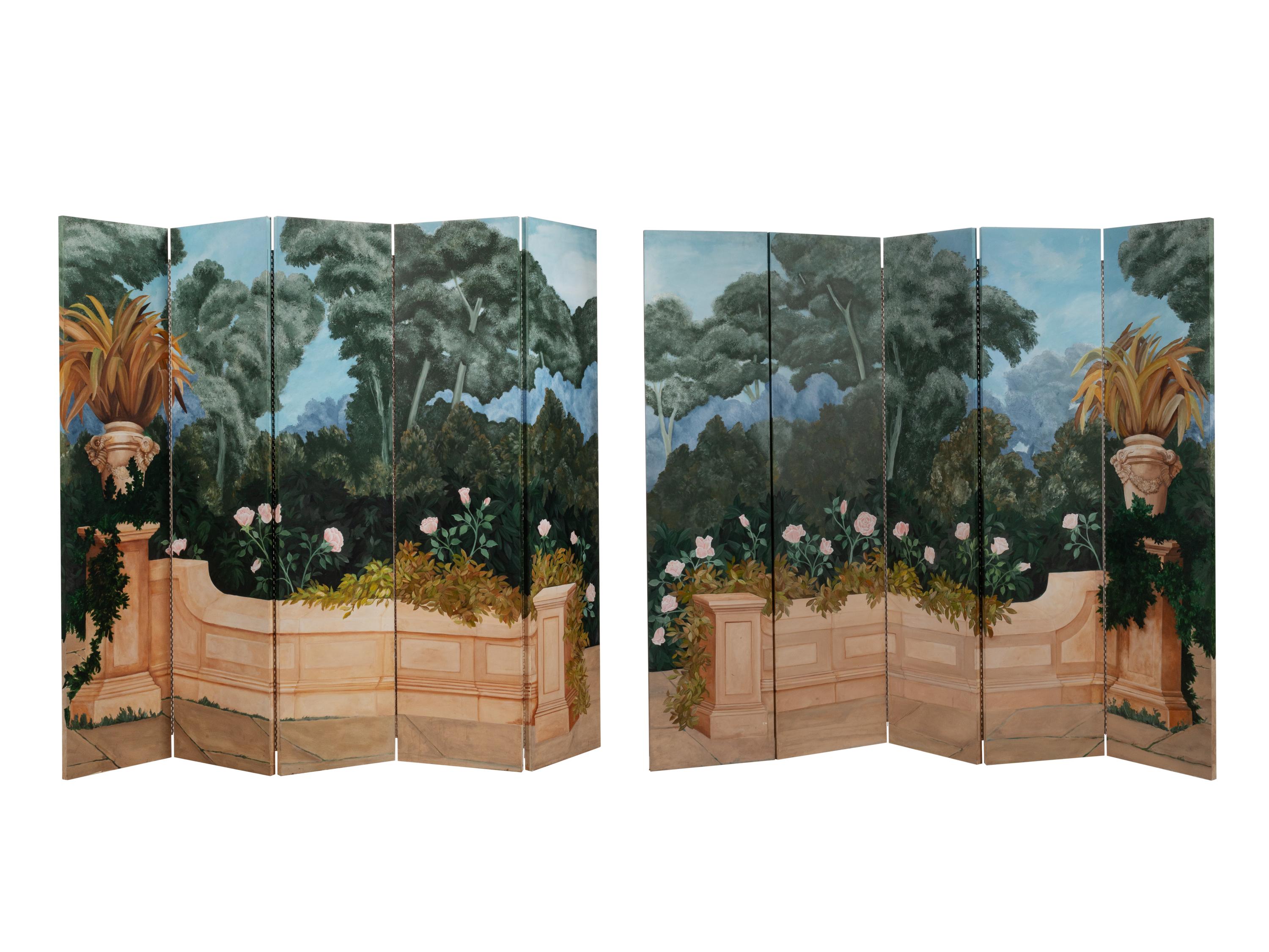 A Continental Painted Canvas Ten-Panel Floor Screen