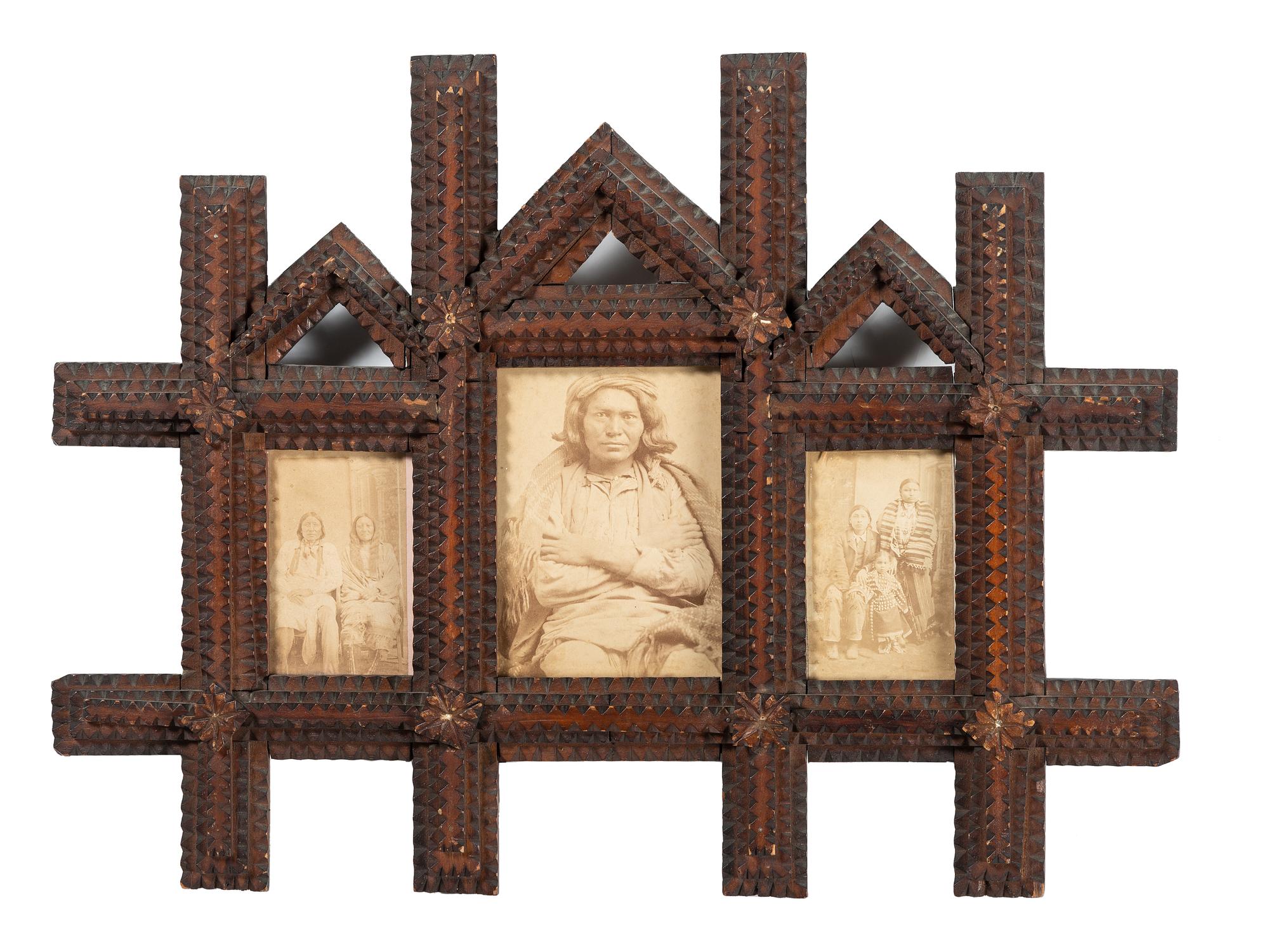[NATIVE AMERICAN]. A group of 2 folk art carved frames containing photographs of Native American subjects.