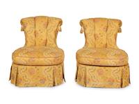 A Pair of Tufted Slipper Chairs with Scalamandré Gabrielle Gold Lampas Upholstery