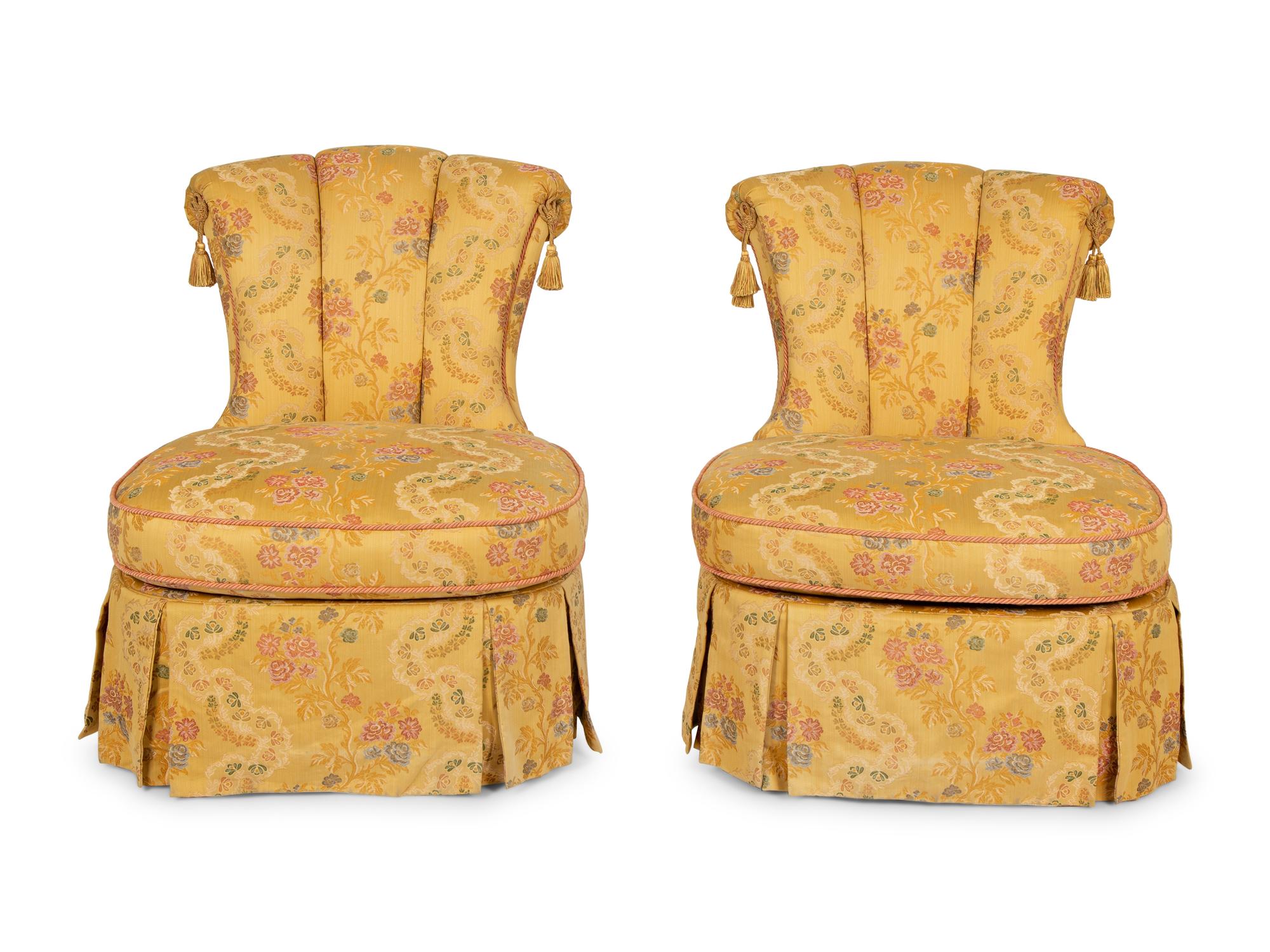 A Pair of Tufted Slipper Chairs with Scalamandré Gabrielle Gold Lampas Upholstery