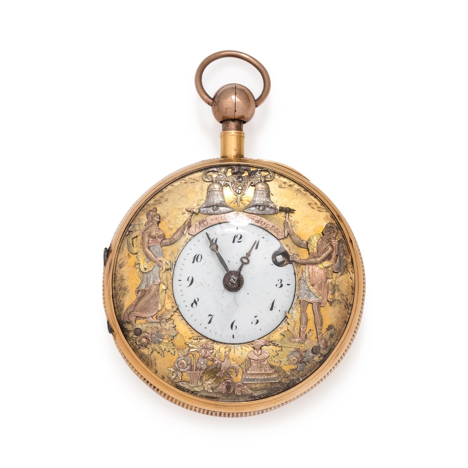 A HISTORIC 18K TRICOLOR GOLD OPEN FACE JACQUEMART AUTOMATON QUARTER REPEATER POCKET WATCH