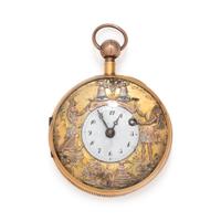 A HISTORIC 18K TRICOLOR GOLD OPEN FACE JACQUEMART AUTOMATON QUARTER REPEATER POCKET WATCH