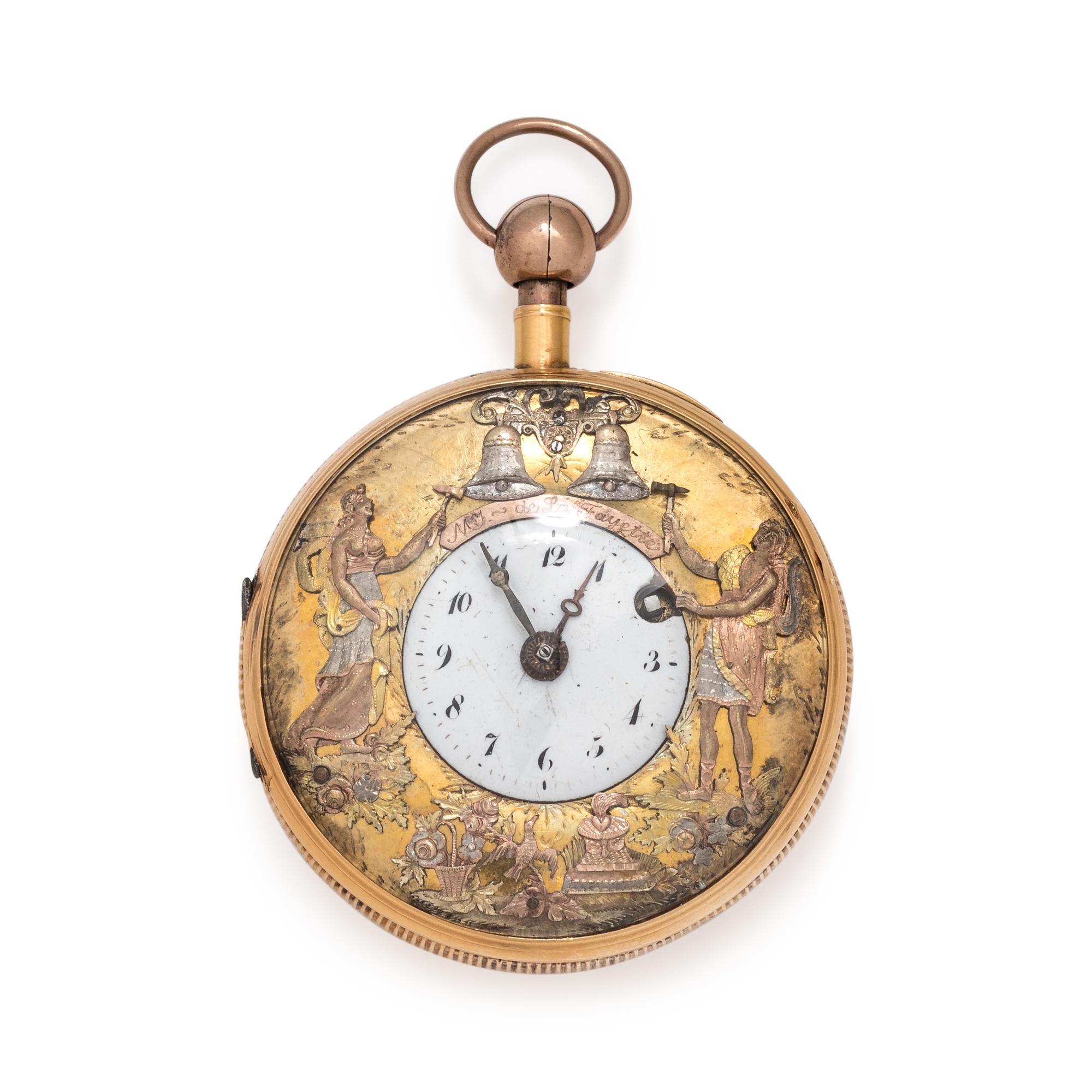 A HISTORIC 18K TRICOLOR GOLD OPEN FACE JACQUEMART AUTOMATON QUARTER REPEATER POCKET WATCH