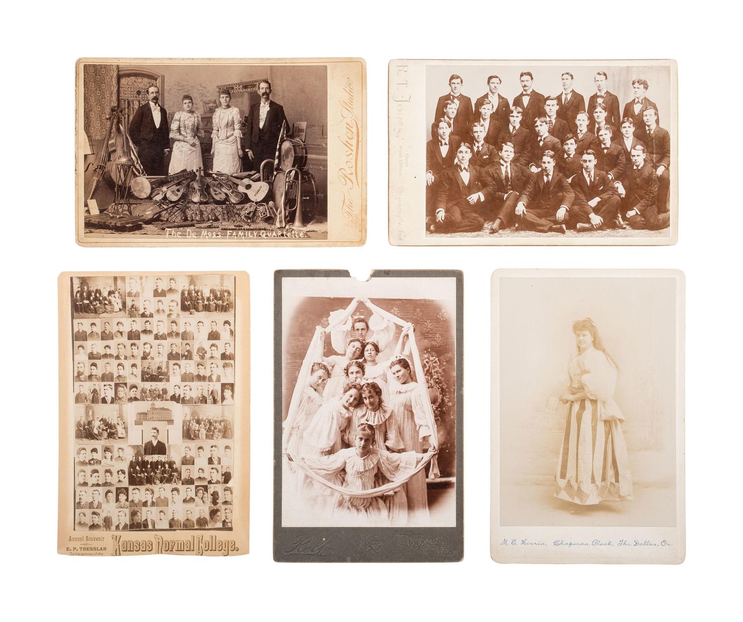 [EARLY PHOTOGRAPHY]. 83 cabinet & large format photos, incl. children, families, students, & a band