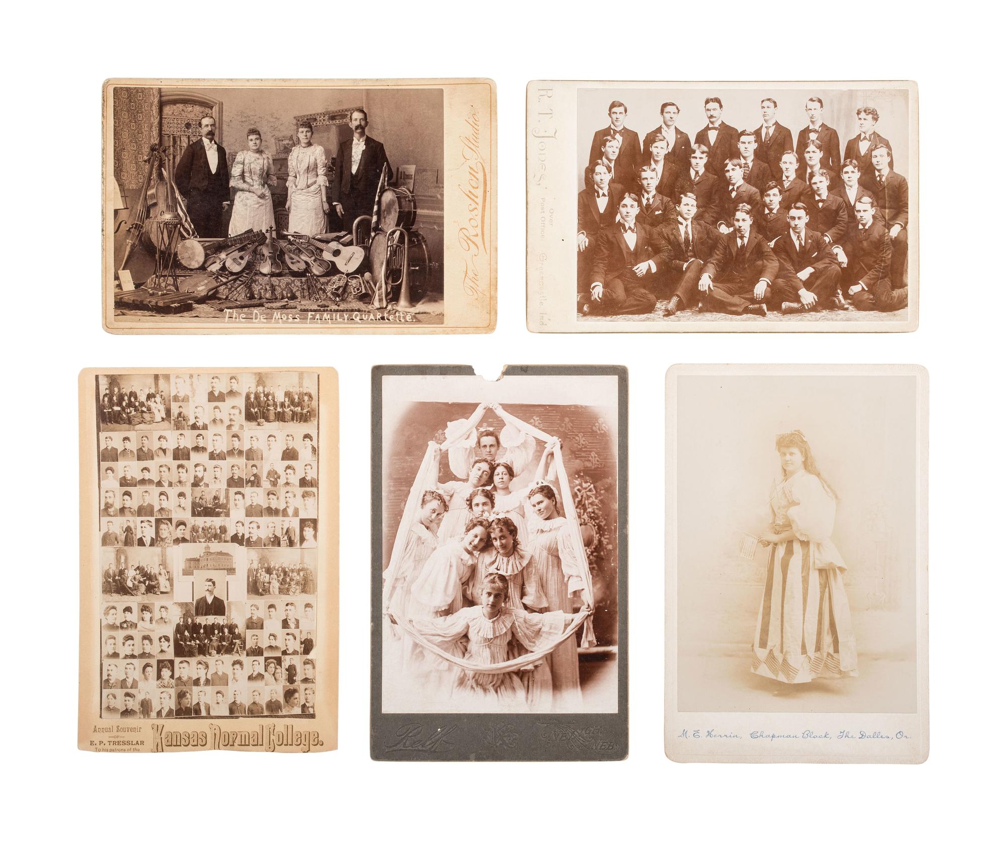 [EARLY PHOTOGRAPHY]. 83 cabinet & large format photos, incl. children, families, students, & a band