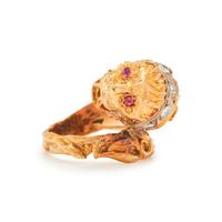 BICOLOR GOLD, DIAMOND AND RUBY LION'S HEAD RING