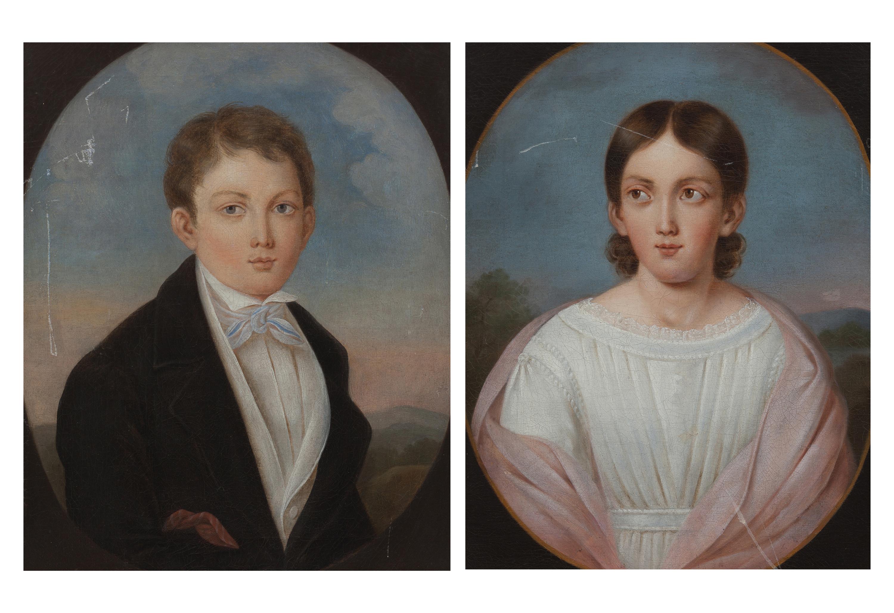 American School 19th Century, A Pair of Portraits: A Boy and Girl