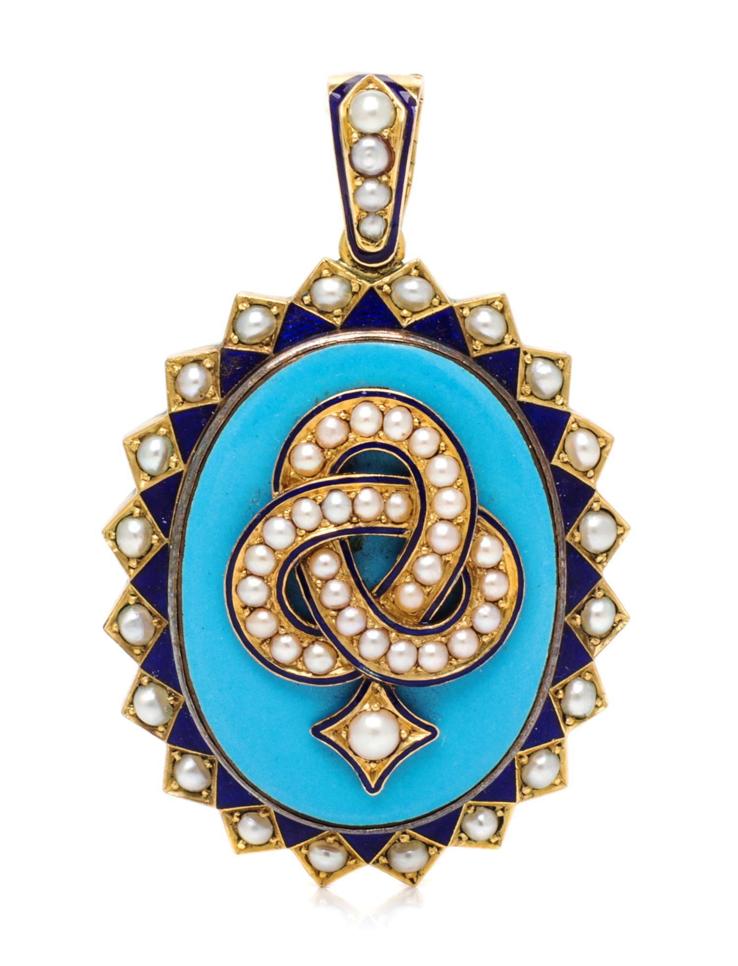 A Victorian Yellow Gold, Polychrome Enamel and Seed Pearl Pendant, 17.00 dwts.