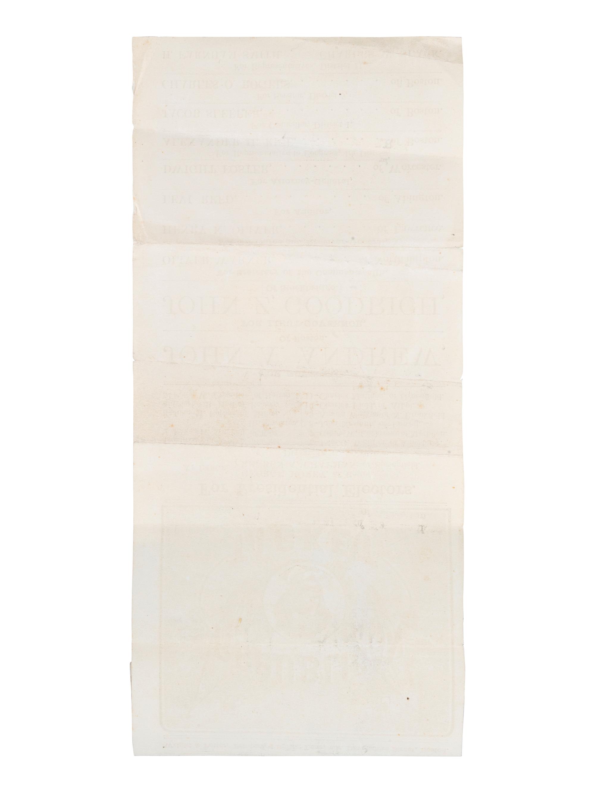 [LINCOLNIANA]. Lincoln & Hamlin Ward 11 . Republican Ticket. Boston, MA: Wright & Potter, ca 1860.