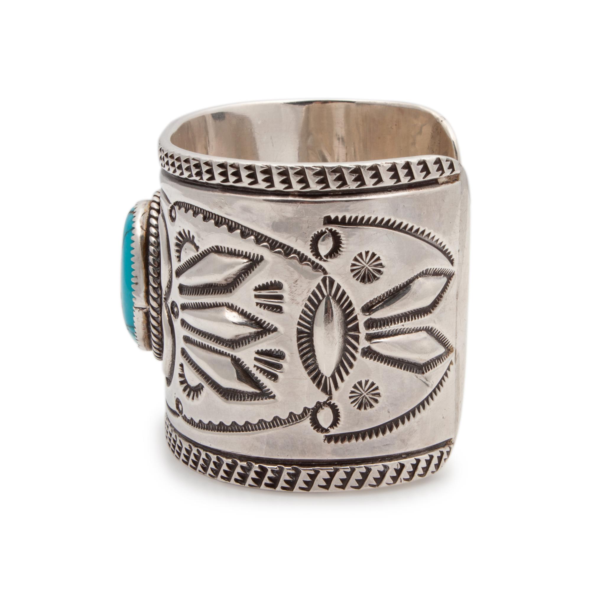 Heavily Stamped Cuff with Turquoise Cabochon Lot is located and will ship from Denver, Colorado
