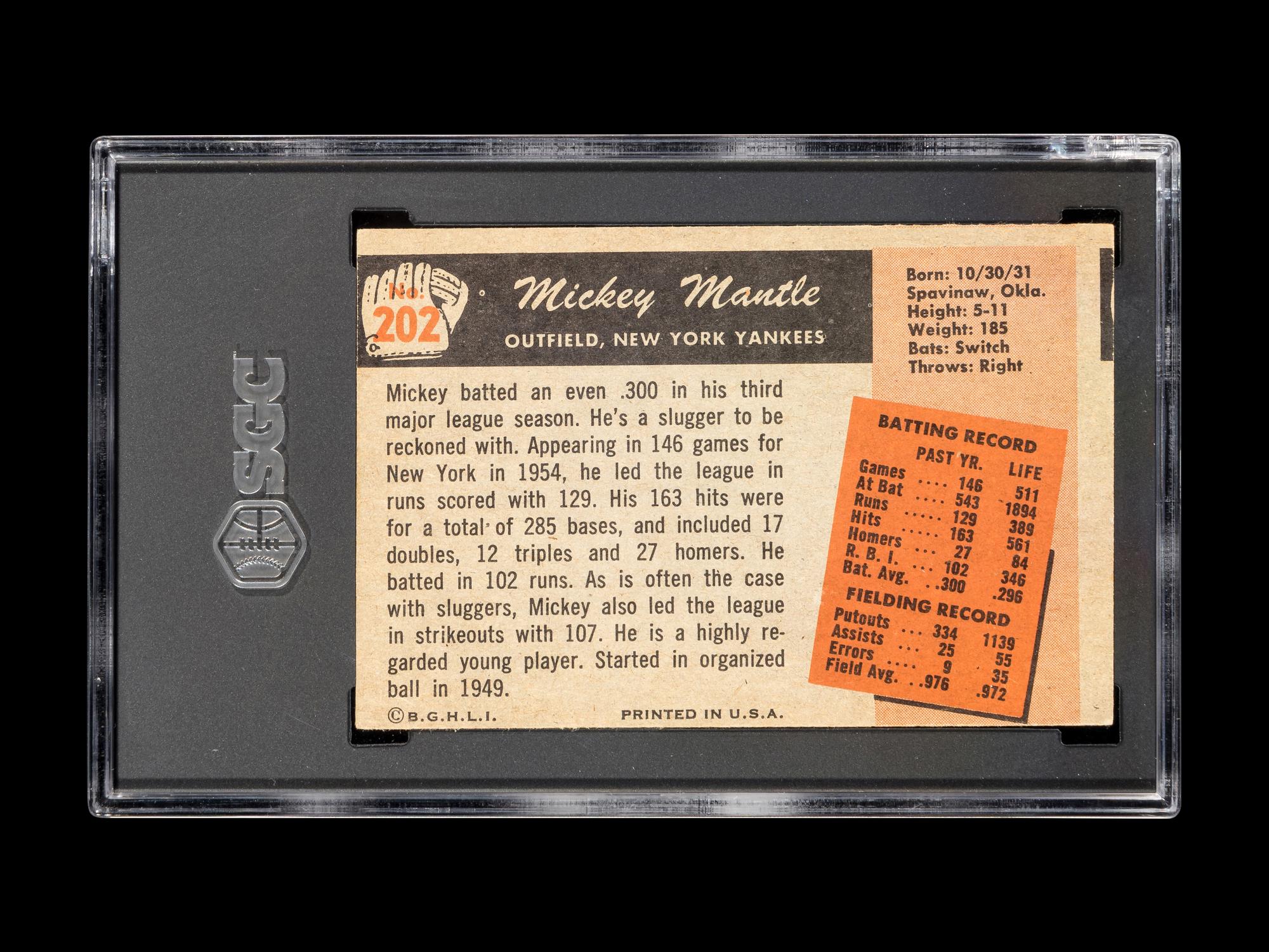A 1955 Bowman Mickey Mantle Baseball Card No. 202 (SGC 3.5 VG+)