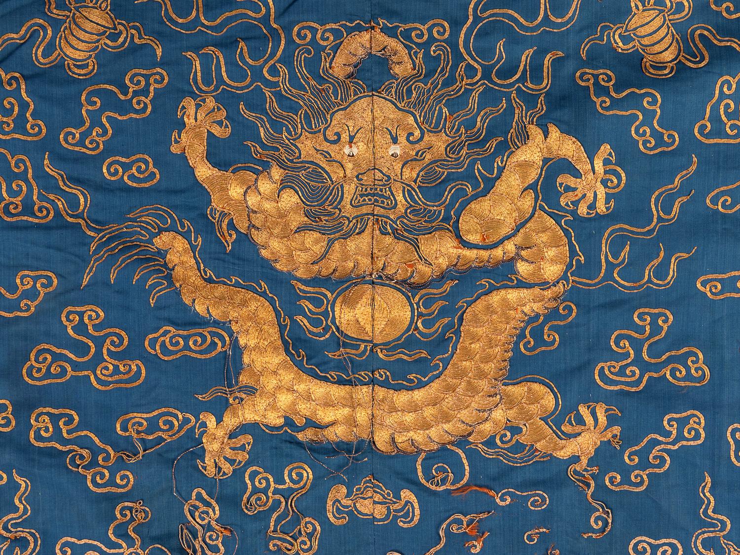 A Blue Ground Embroidered Silk Dragon Robe, Jifu
