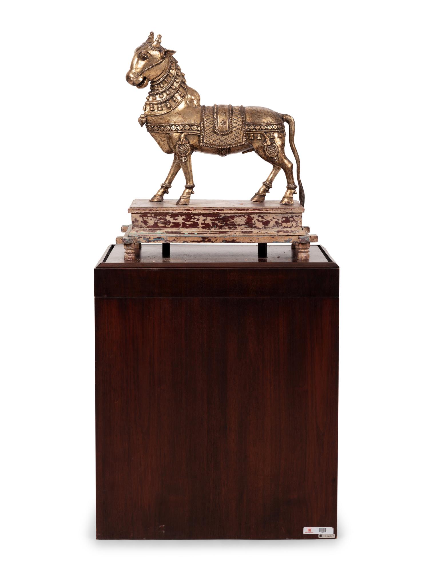 An Indian Brass Model of a Bull in a Walnut and Acrylic Vitrine