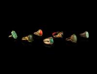 Seven Chinese Hardstone Inset Rings