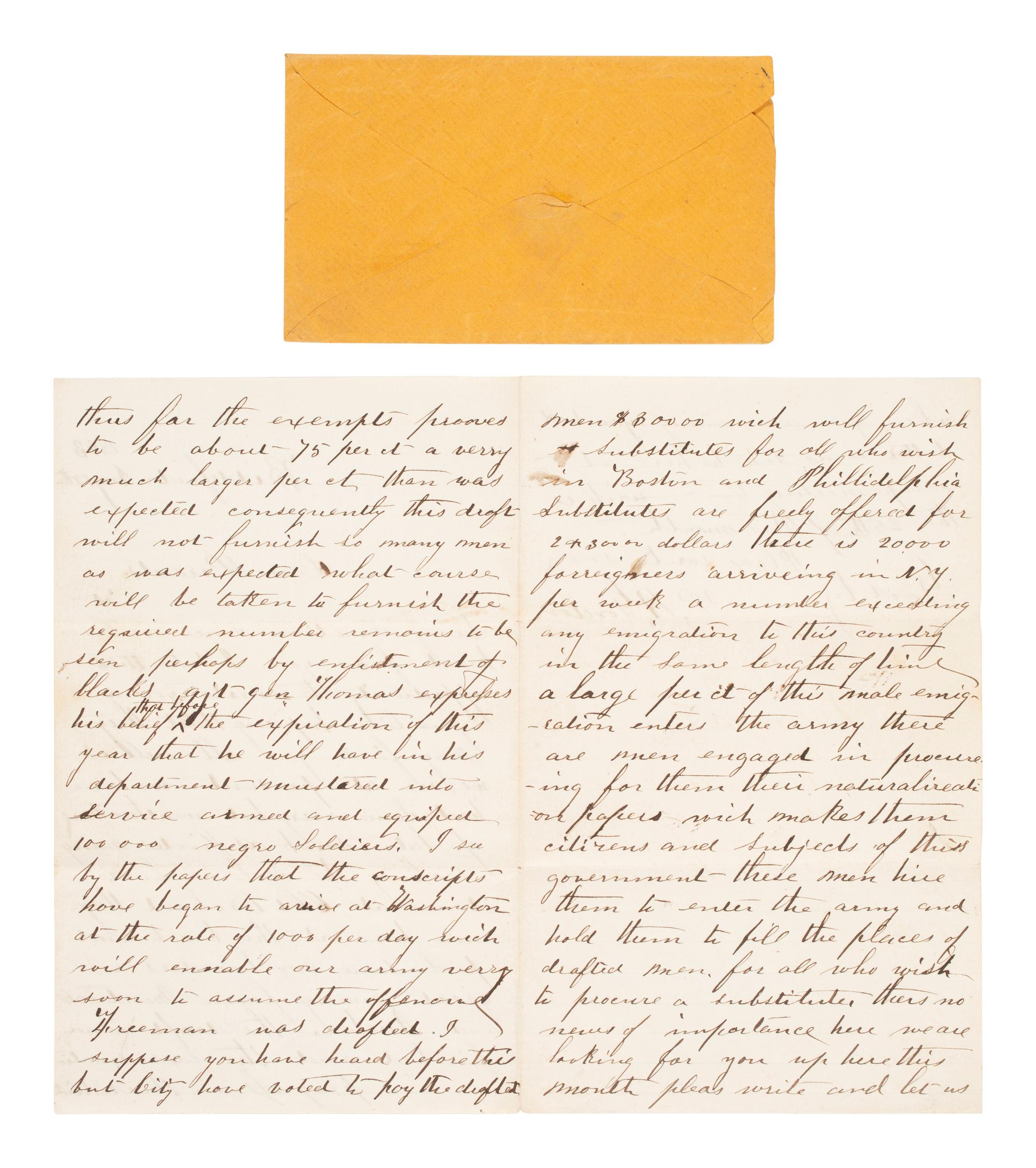 [CIVIL WAR]. Letter with details on the draft & substitution of immigrant and Black soldiers. 1863.