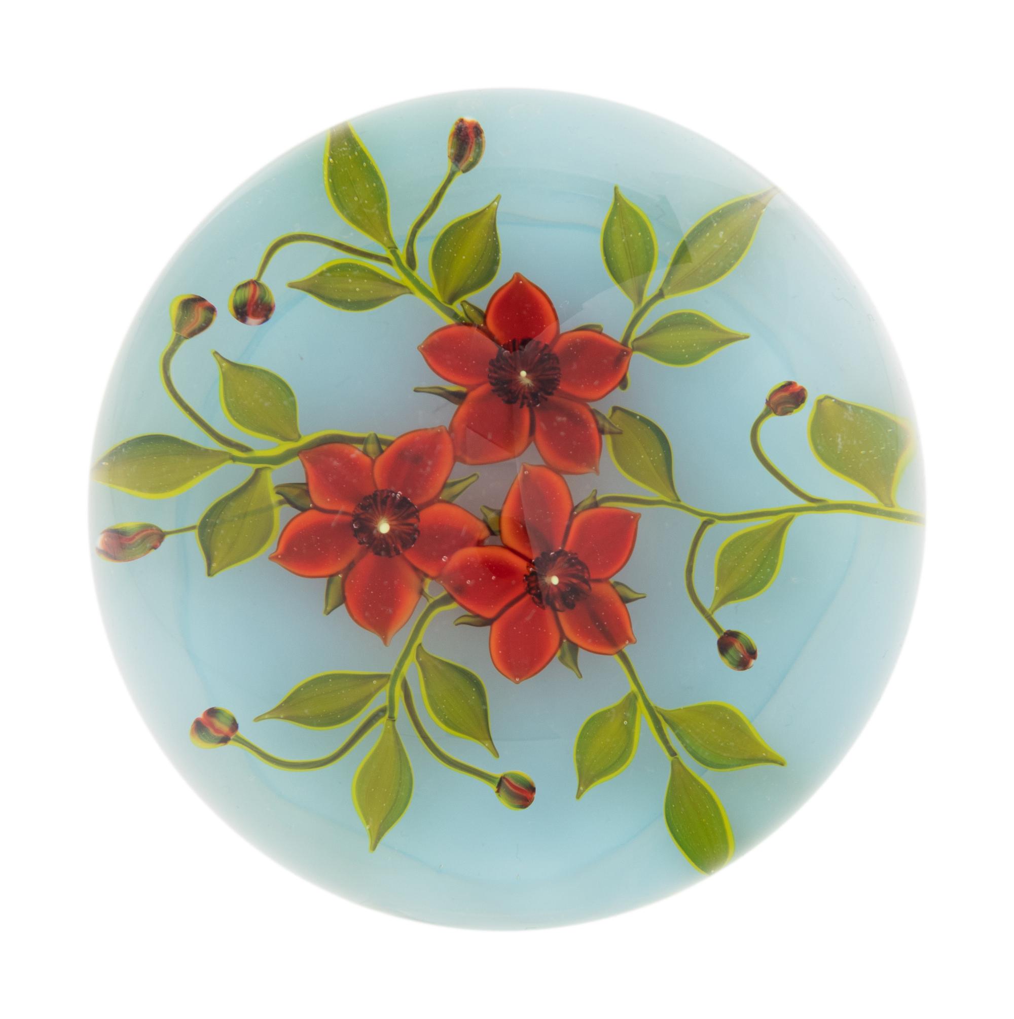 A Paul Stankard Red Wildflowers Glass Paperweight