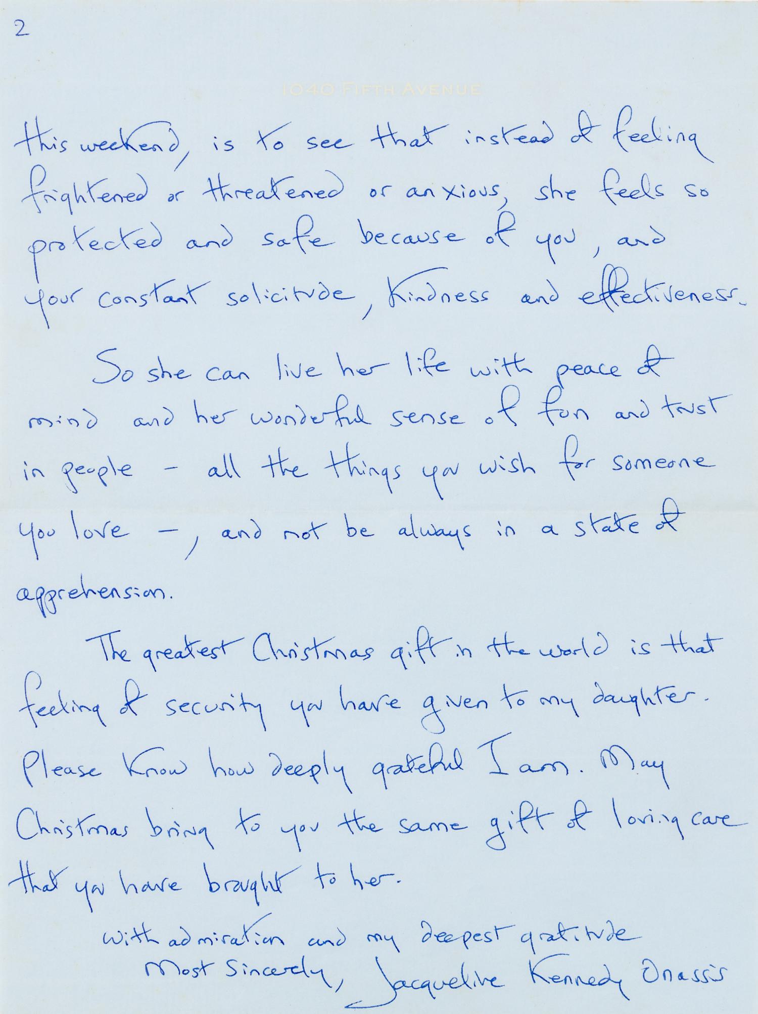 KENNEDY, Jacqueline Bouvier. Autographed letter signed ("Jacqueline Kennedy Onassis"), to Joseph Volpato, New York, 9 December 1984.