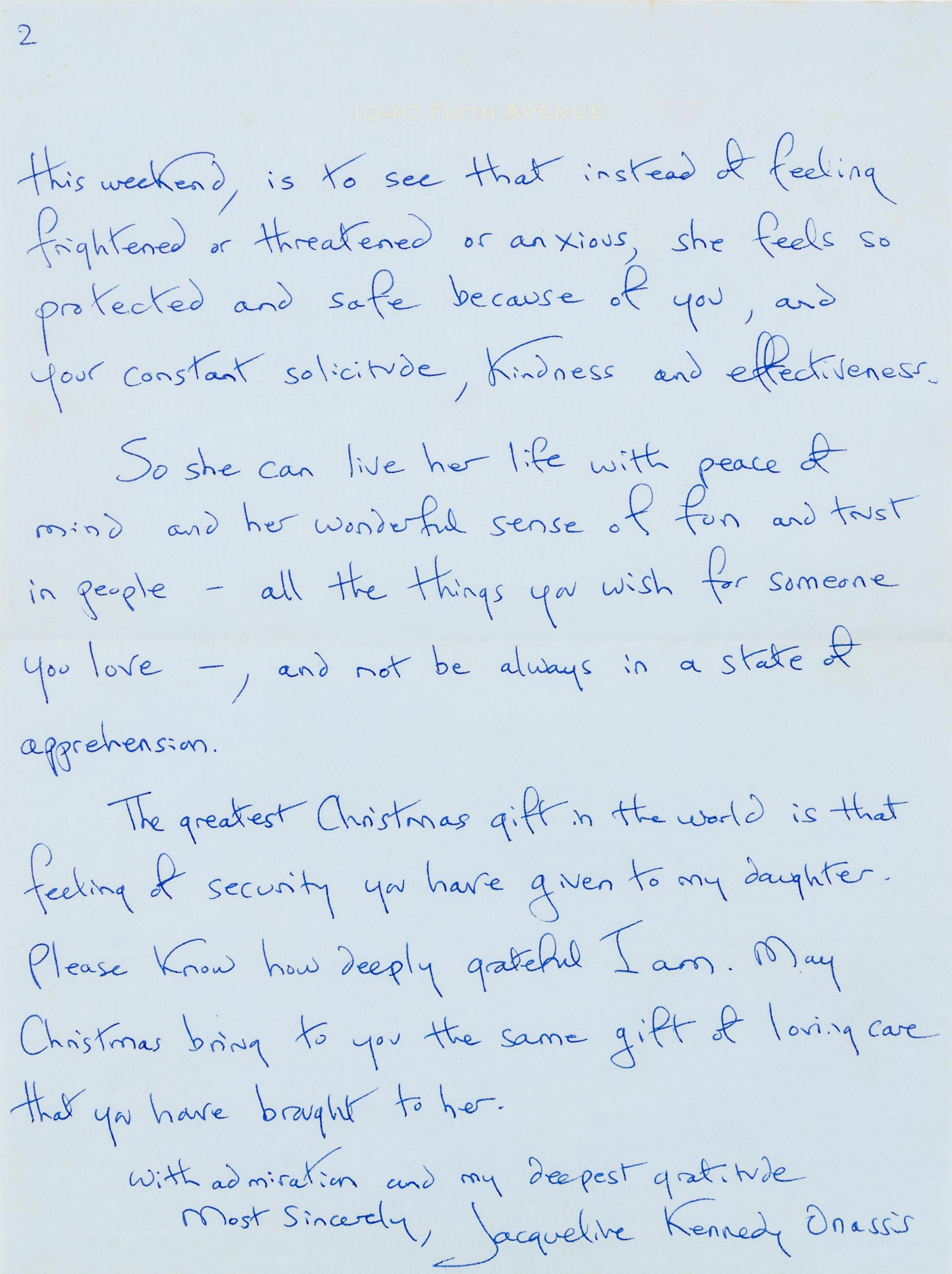 KENNEDY, Jacqueline Bouvier. Autographed letter signed ("Jacqueline Kennedy Onassis"), to Joseph Volpato, New York, 9 December 1984.
