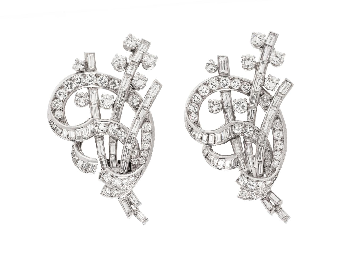 An Art Deco Platinum and Diamond Double Clip Brooch,