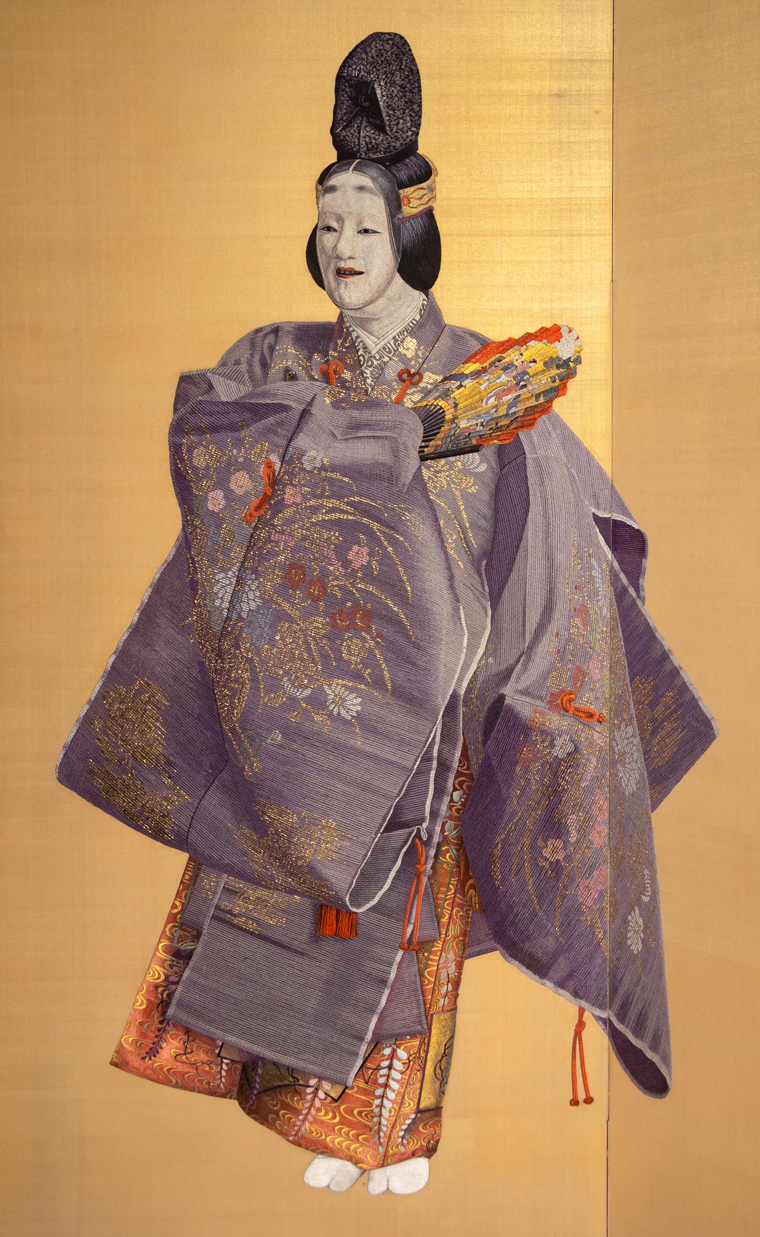 A Japanese Four-Panel Silk Embroidered Floor Screen