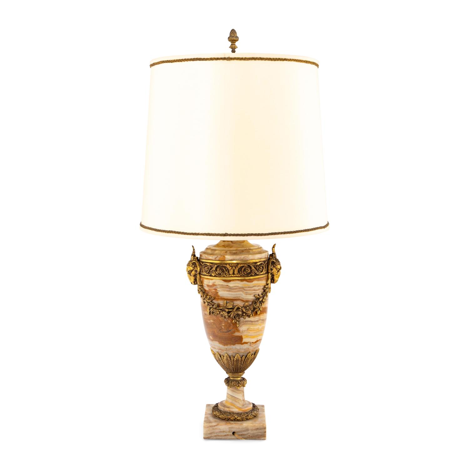 A Neoclassical Style Gilt Bronze Mounted Onyx Urn-Form Lamp