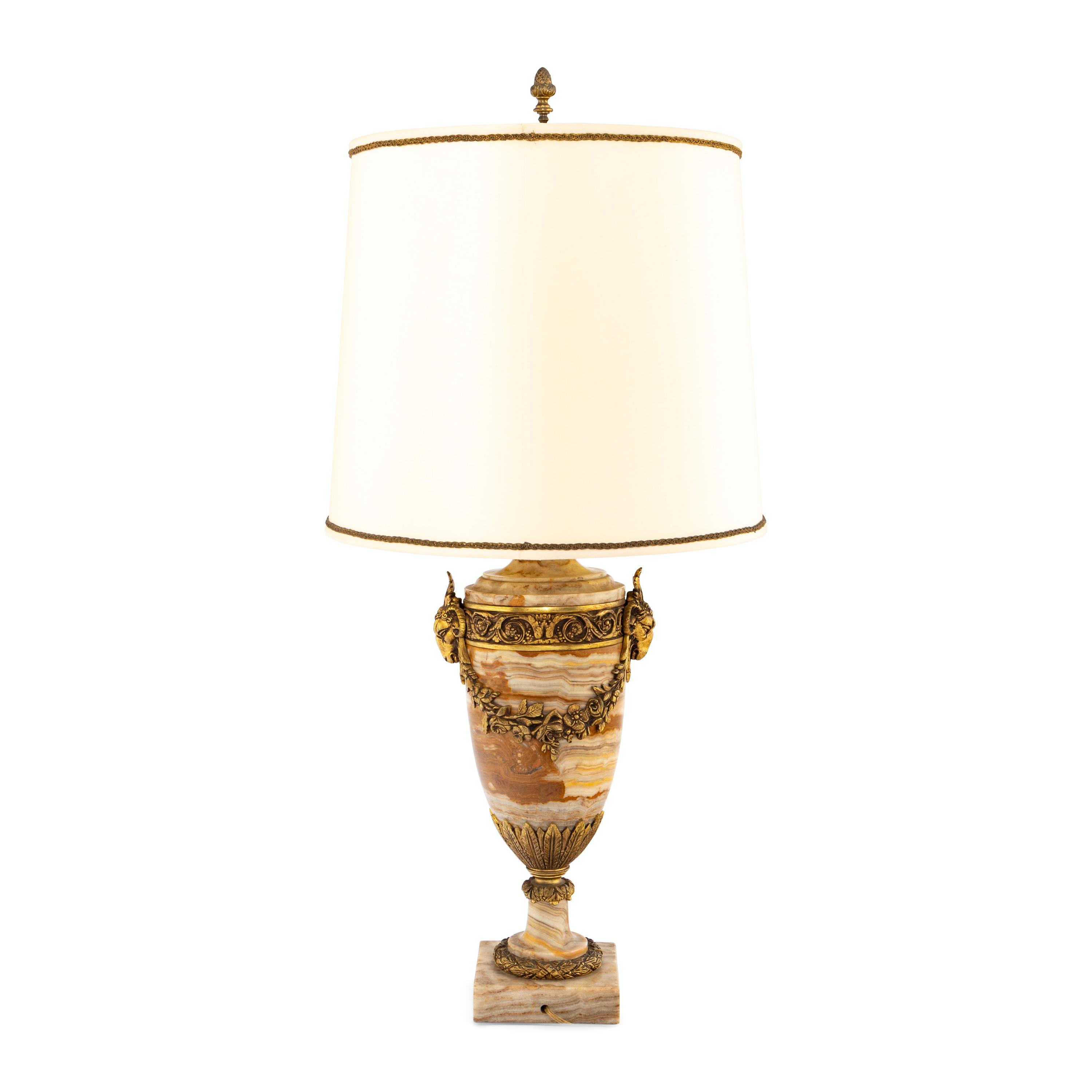 A Neoclassical Style Gilt Bronze Mounted Onyx Urn-Form Lamp
