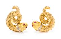 A Pair of 18 Karat Yellow Gold, Ruby and Diamond Chimera Earclips, Lalaounis, 17.30 dwts.