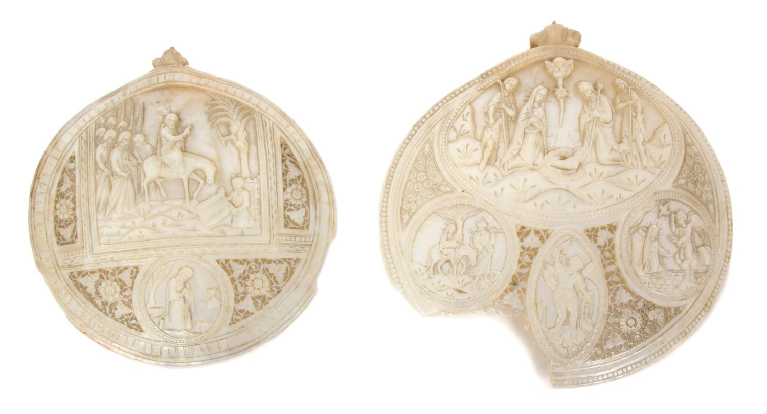 A Pair of Carved Mother-of-Pearl Ornaments Height 6 1/4 inches.