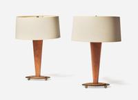 American, Pair of Walnut and Brass Table Lamps